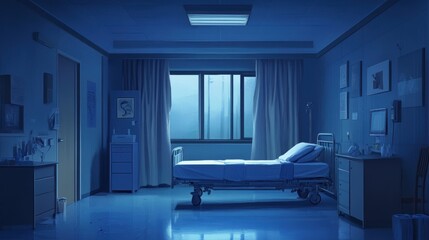 Tranquil blue-themed hospital room a healing atmosphere in high fidelity