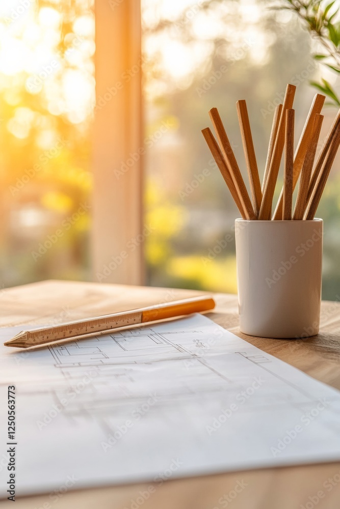 Aufkleber sunlit minimalist workspace bamboo tools and architectural blueprints on pine desk - sustainable des