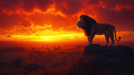 Majestic lion overlooks savanna at fiery sunset