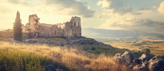 Obraz premium Ancient city ruins in a serene landscape symbolizing the pilgrimage to Jerusalem with ample copy space for text or captions.