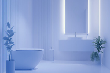 Fototapeta premium A modern minimalist toilet interior with sleek white fixtures, a floating vanity, and soft ambient lighting, with copy space. Bright even lighting.