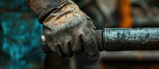 Laborer's Hand Holding Metal Tool with Grunge Texture Captured from Two Perspectives Featuring Blank Space for Custom Text