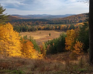 Fototapeta premium A picturesque forest landscape with golden autumn foliage and scattered clearings