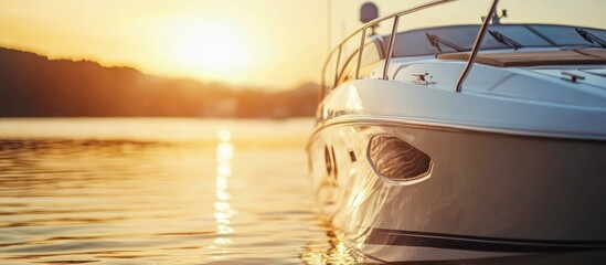 Luxury yacht at sunset in harbor with tranquil water and ample space for text overlay