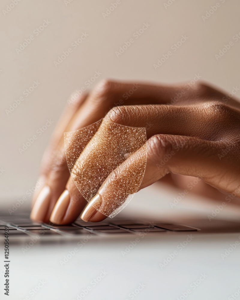 Aufkleber Futuristic Cybersecurity Visual Metallic-Toned Hands Entering Secure Password with Encryption Overlay Advanced Digital Protection for Contemporary Business Solutions