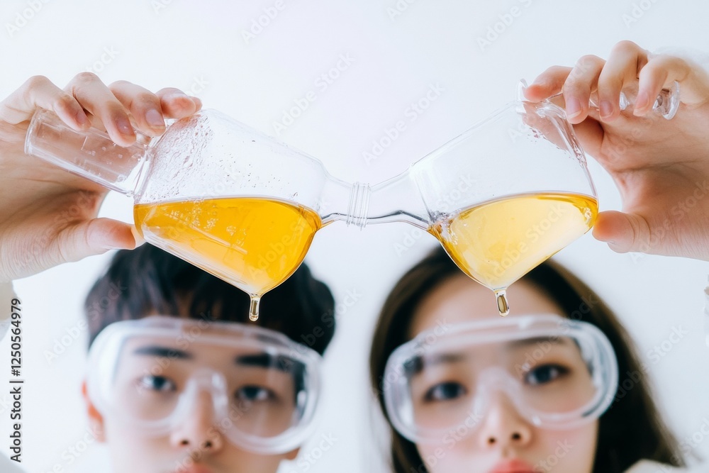 Aufkleber Interactive STEM Experiment Korean Students with Test Tubes and Beakers in Bright Lab - Innovative Science Learning and Classroom Diversity