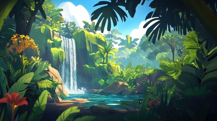 Lush tropical jungle landscape featuring a waterfall, vibrant greenery, and diverse plant life in a serene natural setting.
