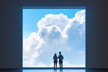 Modern Storm Preparedness Couple Taping Large Window Amid Massive Clouds Home Safety and Resilient Architecture for Contemporary Living Spaces