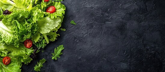 Fresh organic lettuce leaves on a dark textured surface with cherry tomatoes and ample space for text, perfect for salad promotions.