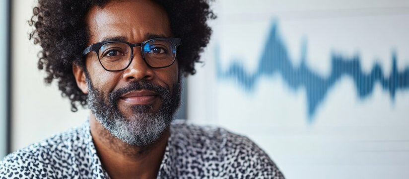 Mature African American man with Afro analyzing stock market trends in modern office setting with space for text and graphics.