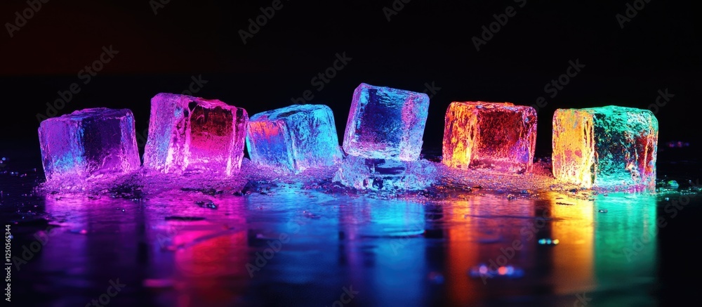 Poster illuminated melting ice cubes in vibrant led colors against a dark background creating a mesmerizing
