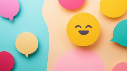 Positive Mindset Representation with Colorful Speech Bubbles and Smiley Faces on Pastel Background