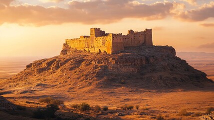 Obraz premium Ancient desert fortress perched atop a rocky hill during a golden sunset sky above