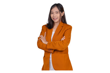 Portrait of Young Businesswoman Wearing Suit Crossing Arms Confidently Isolated Transparent