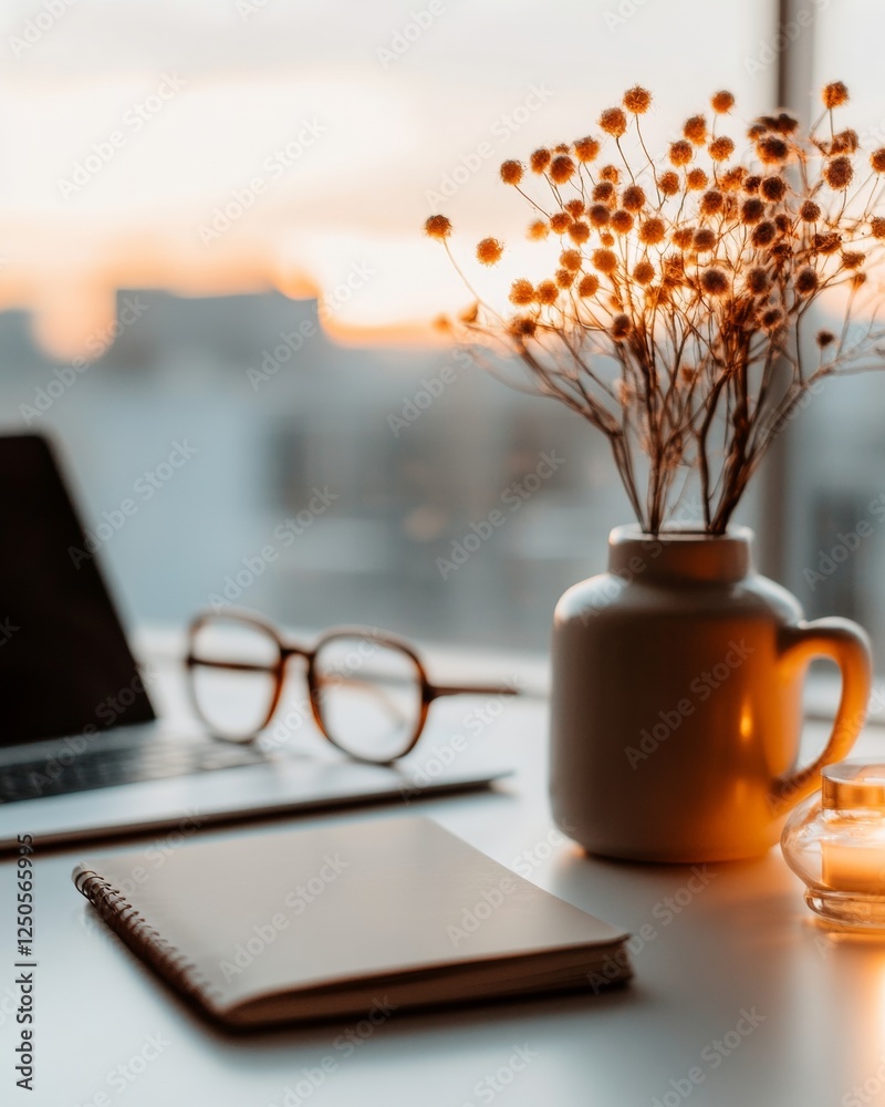 Aufkleber warm minimalist desk glasses with notebook and brainstorming vase in cozy office - home business sty