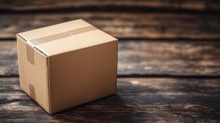 Cardboard box on rustic wooden background showcasing minimalistic packaging and natural textures for shipping or storage concepts