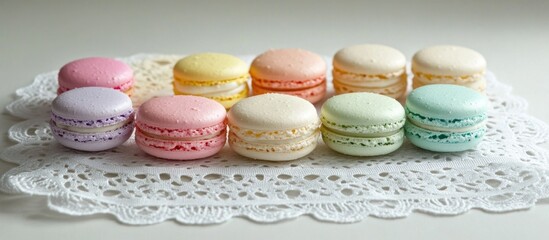 Fototapeta premium Colorful macarons arranged on lace with a soft background showcasing their delicate textures and vibrant hues in a close-up view.