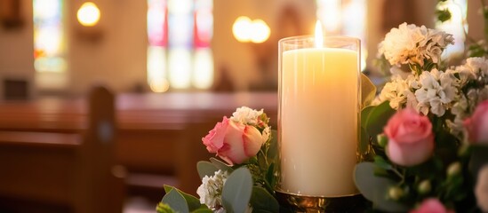 Memorial candle and flowers in tranquil church setting with space for personalized text or dedication
