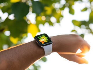 Nature-Inspired Fitness Tech Smartwatch with AI Health Metrics Amidst Lush Greenery - Modern Wellness and Wearable Technology for Active Lifestyles