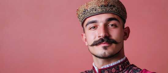 Traditional man in cultural attire with hat and mustache on a pink backdrop with space for text and design elements