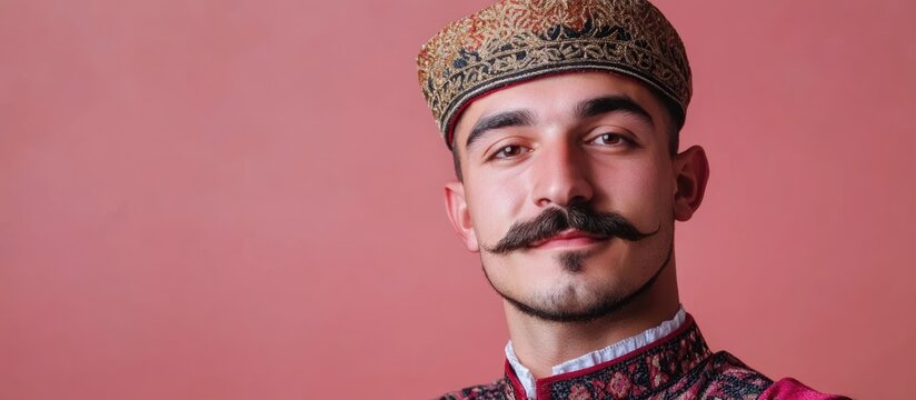 Traditional man in cultural attire with hat and mustache on a pink backdrop with space for text and design elements