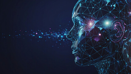 Digital representation of a human head illuminated by abstract technology-based light patterns and colors in a dark environment