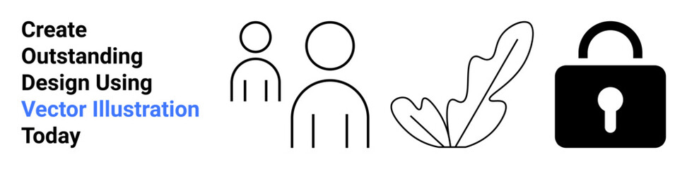 Human figures, stylized outline leaf, and padlock graphic showcasing simplicity and security. Ideal for branding, creativity, teamwork, nature concepts, digital security, user experience flat