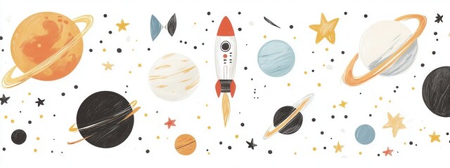 Space Odyssey, vibrant flat illustration showcasing planets, stars, and a rocket set against a clean white background, inviting exploration and wonder