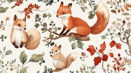 Enchanting woodland adventure foxes and squirrels enchanted forest illustrative art serene nature whimsical viewpoint charming creatures