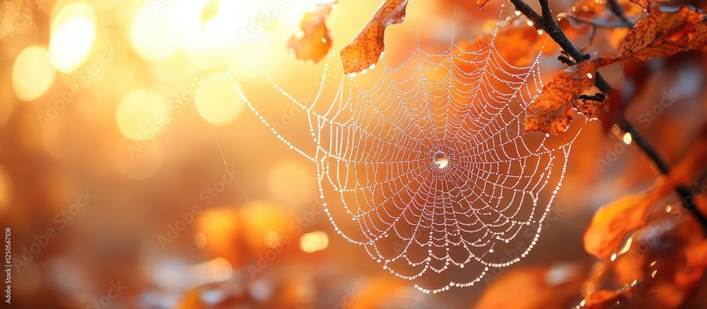 Poster atmospheric autumn scene featuring a cobweb adorned with morning dew and warm sunlight creating a se