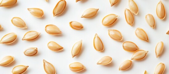 Melon seeds scattered on a clean white background showcasing their smooth texture and natural colors for culinary or agricultural use
