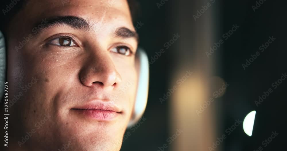 Aufkleber Man, night and headphones for web design on computer in office, software developer and programming. Face, html process or serious designer listening to audio for coding system, podcast and streaming