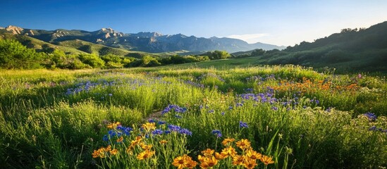 Fototapeta premium Vibrant wildflower meadows set against majestic mountains and foothills under a clear blue sky in early morning light