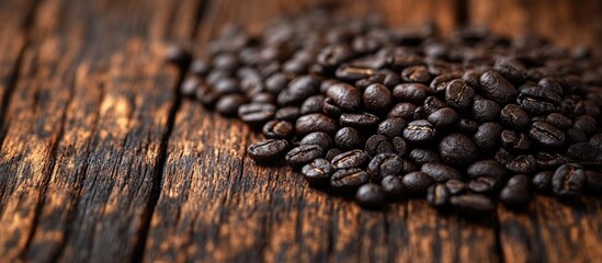 Close up of roasted coffee beans on rustic wooden table background for coffee related themes and advertising purposes.