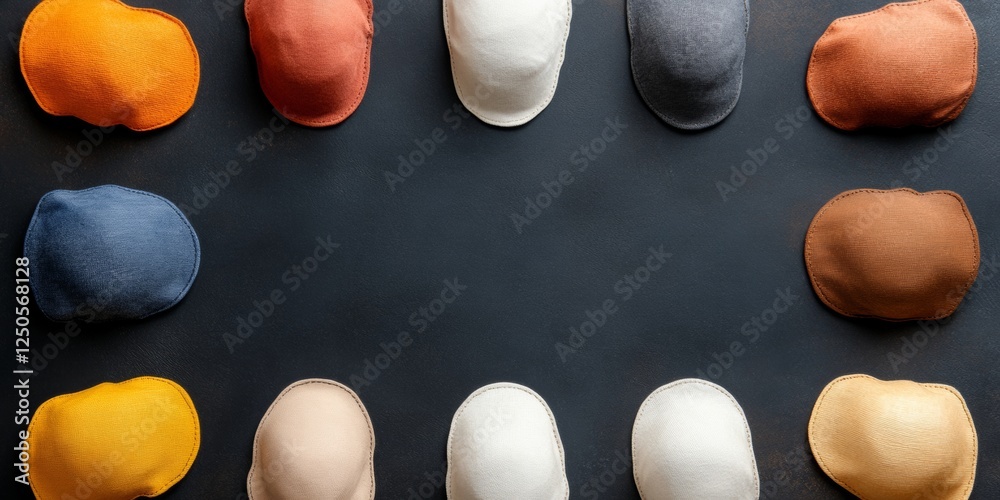 Poster contemporary textile art vibrant fabric shapes on textured dark surface - dynamic visual identity fo