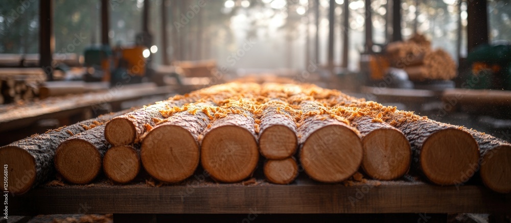 Poster inside view of folded logs in a logging area with sunlight filtering through trees showcasing the na