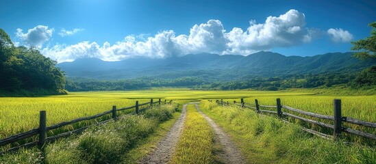 Vibrant nature landscape with inspirational quote surrounded by paddy fields under a blue sky with clouds and a wooden fence in the background.