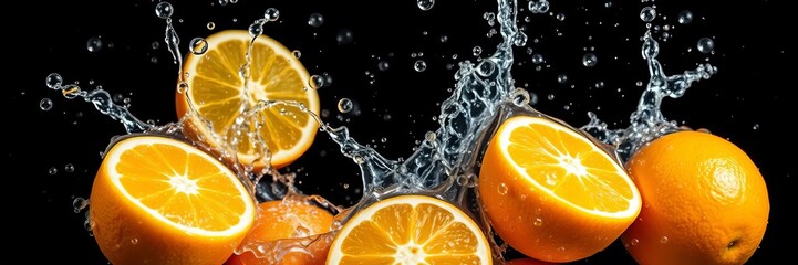 Fresh tangerines falling into sparkling water with bubbles on a dark background, motion, citrus