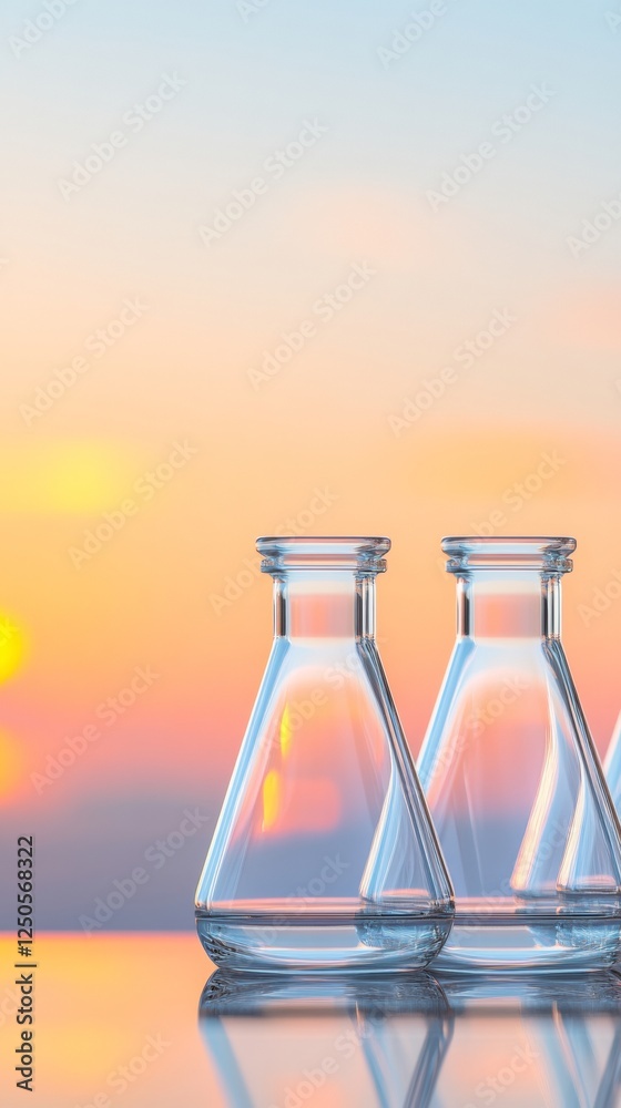 Poster minimalist laboratory design glass flasks on reflective surface with sunset backdrop - inspirational