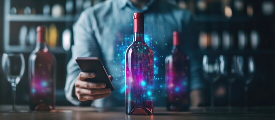 Man interacting with smartphone displaying a holographic 3D wine bottle model in a modern wine cellar with empty space for text.
