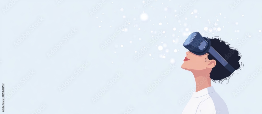 Poster machine learning and virtual reality concept with woman using vr headset and empty space for text