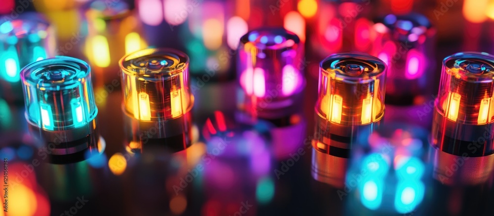 Poster colorful illuminated led diodes in motion creating a vibrant and dynamic visual effect on a reflecti