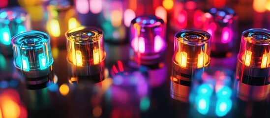 Colorful illuminated LED diodes in motion creating a vibrant and dynamic visual effect on a reflective surface