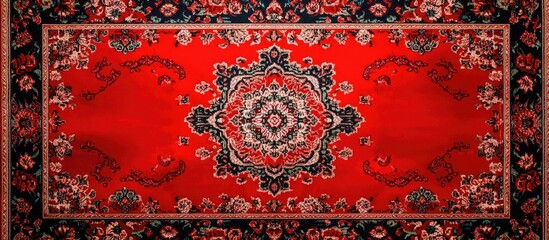Vibrant red abstract carpet with floral Arabian design for elegant casino restaurant hotel entrance with space for branding and text placement