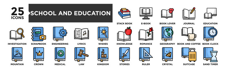 School and Education icon collection set. Containing design Education, Knowledge, Stories, Geography