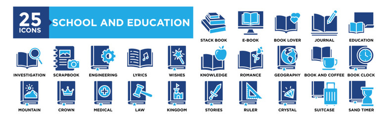 School and Education icon collection set. Containing design Education, Knowledge, Stories, Geography