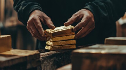 Carefully arranging gold bar jewelry workshop detail shot indoor studio close-up goldsmithing process