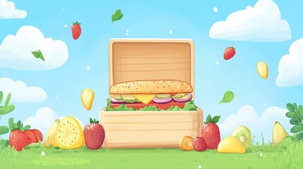 Colorful lunchbox with sandwich and fresh fruits surrounded by green grass and blue sky promoting healthy food for children.