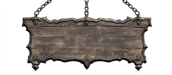 Medieval wooden signboard with decorative edges hanging on a chain against a white background for vintage signage or decor concepts