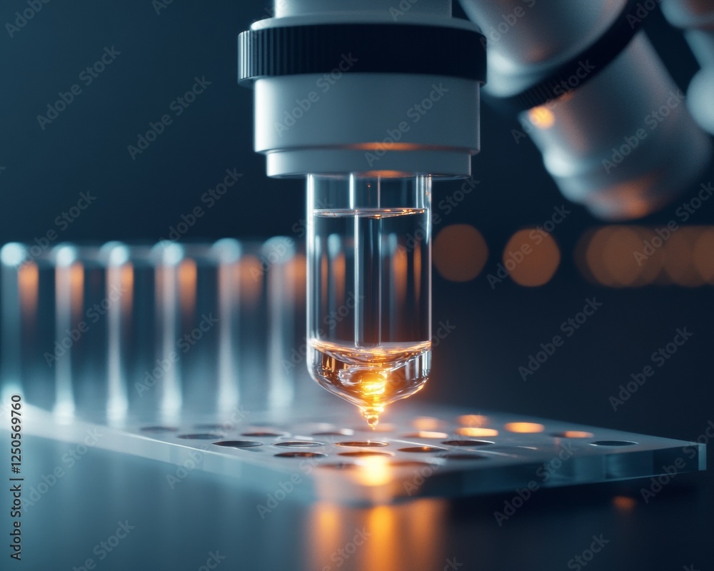 Poster futuristic laboratory setup high-precision microscopy and test tubes on polished metal advanced scie